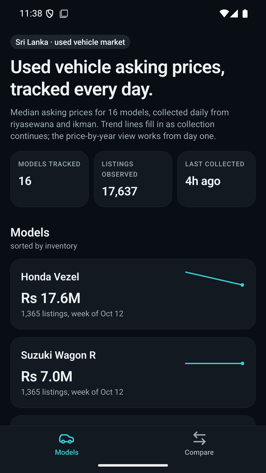 Model list with median asking prices in the Carwatch LK Android app